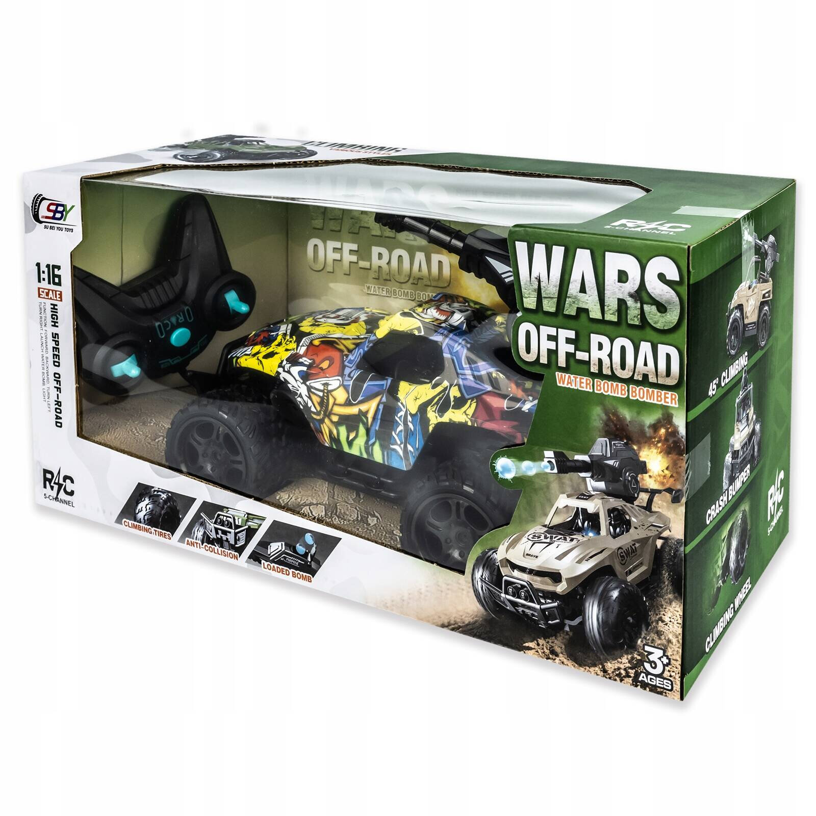 Opakowanie zdalnie sterowanego samochodu terenowego z kolorową grafiką i pilotem. Na pudełku widnieje napis \'WARS OFF-ROAD WATER BOMB BOMBER\'.