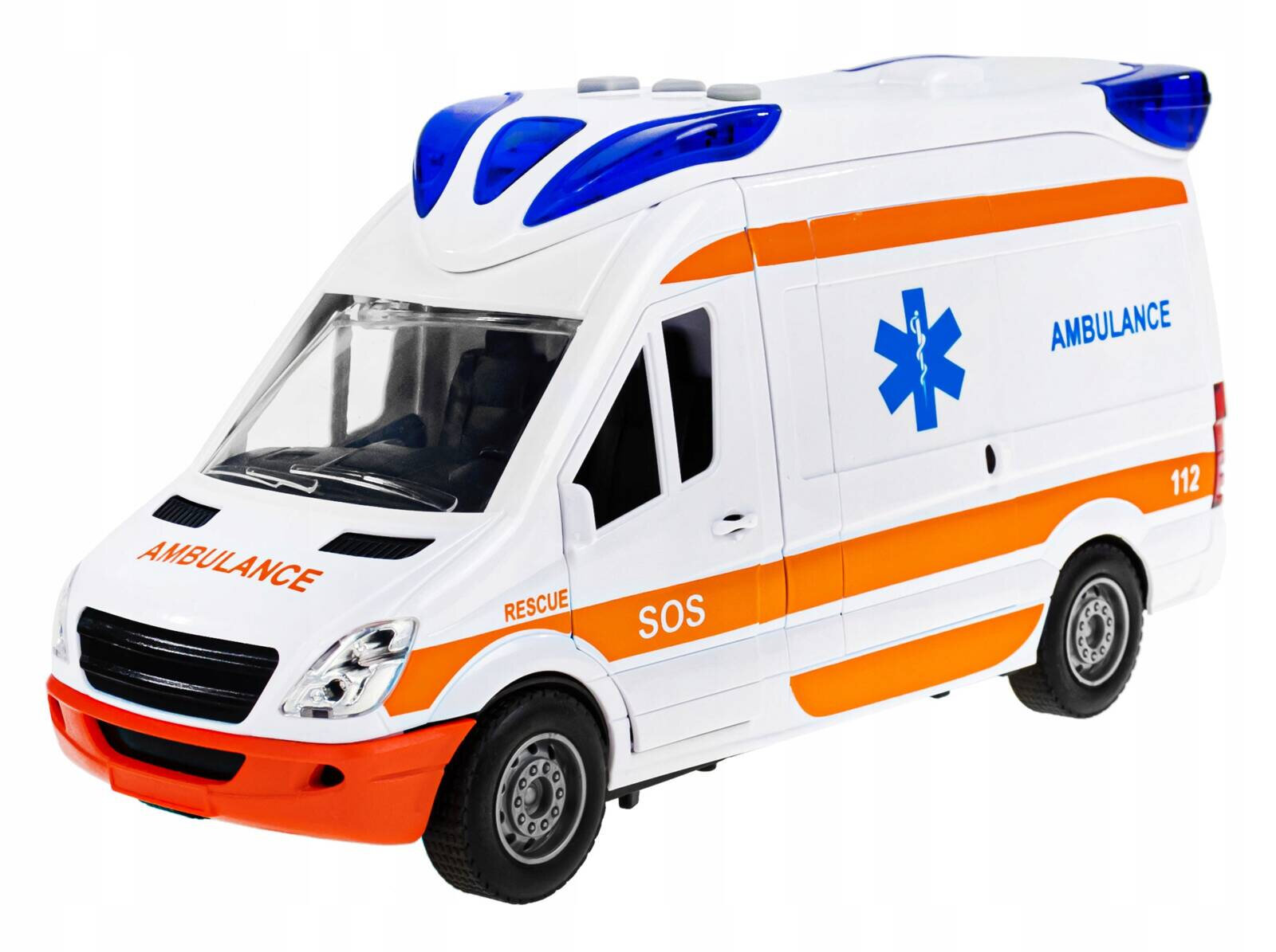Zabawka w kształcie karetki pogotowia w kolorze białym z pomarańczowymi i niebieskimi elementami. Na boku widoczne napisy: \'AMBULANCE\', \'SOS\', \'RESCUE\', oraz numer \'112\'.
