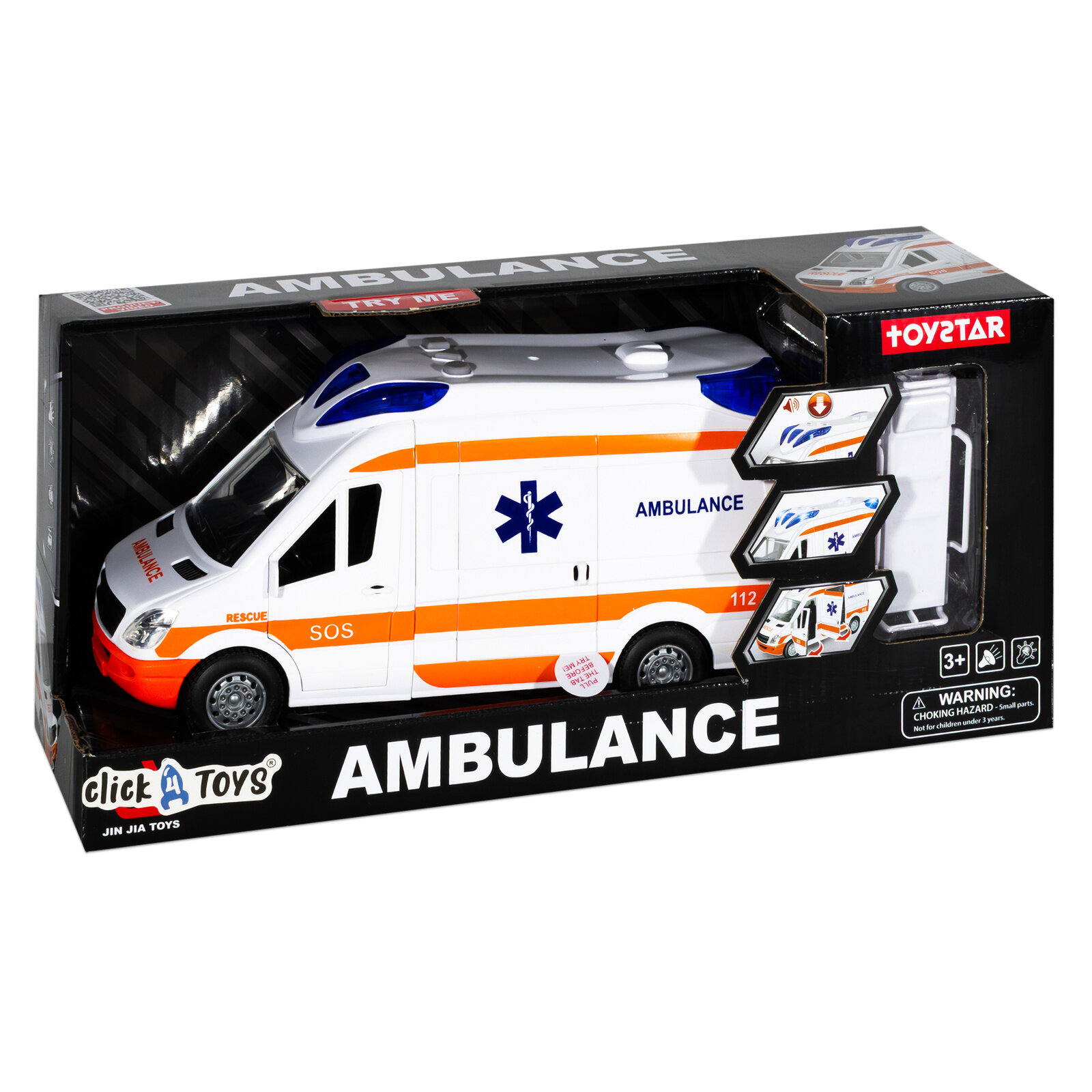 Zabawka w postaci karetki pogotowia w białym kolorze z pomarańczowymi i niebieskimi detalami, zapakowana w pudełko z napisem \'AMBULANCE\'. Na opakowaniu widoczne są logotypy \'click a toys\' i \'TOYZAR\', a także ostrzeżenie \'WARNING: CHOKING HAZARD\'.