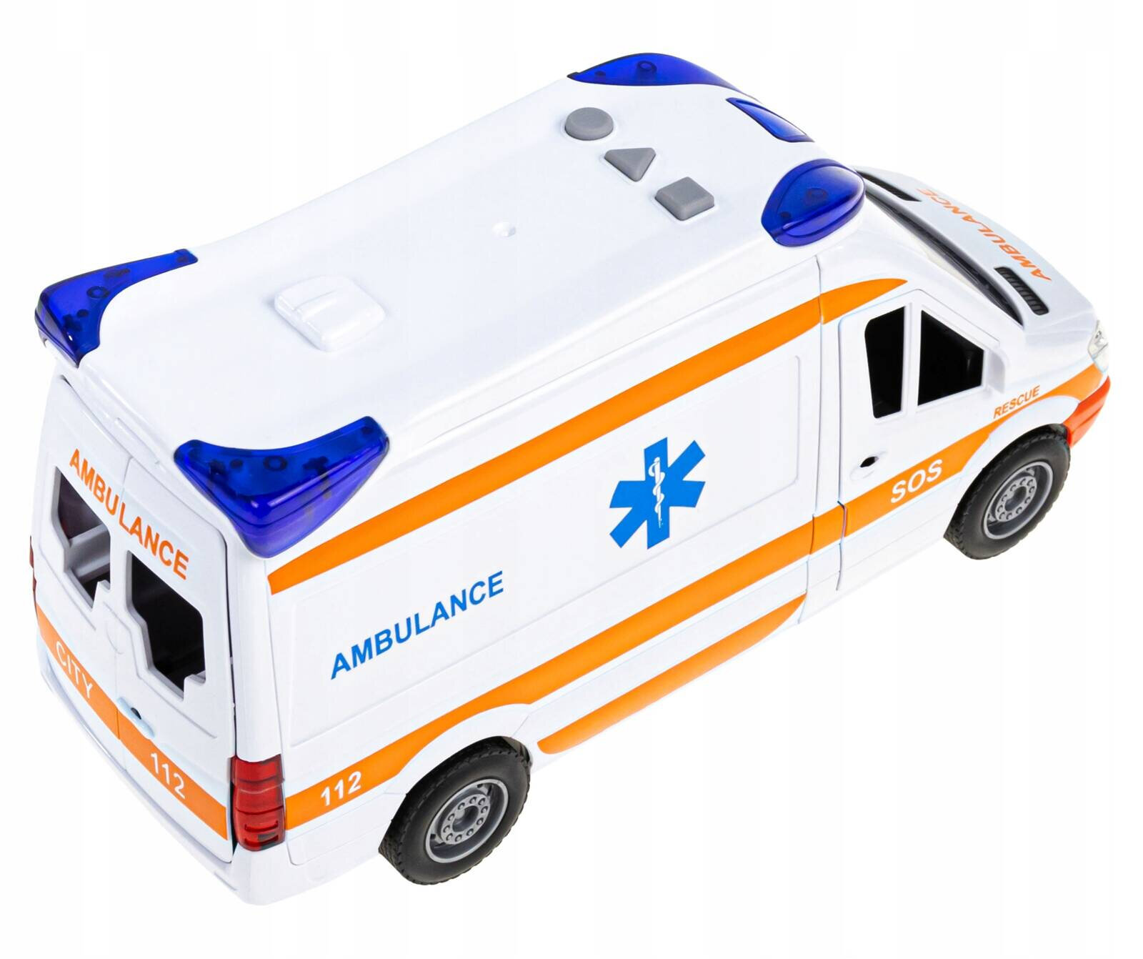 Zabawka w kształcie karetki pogotowia z białą karoserią, pomarańczowymi pasami i niebieskimi elementami świetlnymi. Na boku widoczne napisy: \'AMBULANCE\', \'SOS\', \'112\' oraz symbol gwiazdy życia.