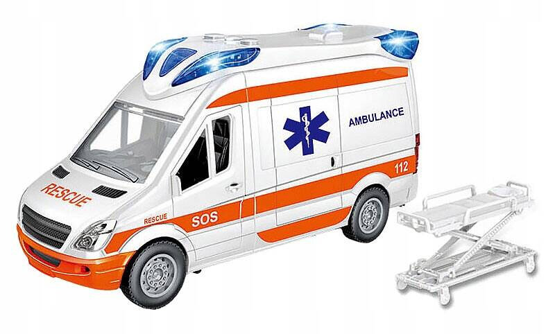 Zabawka przedstawia białą karetkę z pomarańczowymi pasami i niebieskimi światłami na dachu, z napisem \'RESCUE\', \'SOS\', \'AMBULANCE\' oraz numerem \'112\'. Obok karetki znajduje się nosze.