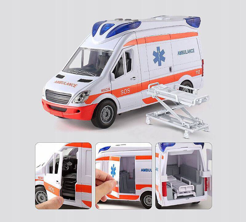 Zdjęcie przedstawia zabawkową karetkę pogotowia z napisem \'AMBULANCE\', \'RESCUE\', \'SOS\' i numerem \'112\', z otwieranymi drzwiami i noszami. W dolnej części obrazu znajdują się trzy mniejsze zdjęcia pokazujące szczegóły wnętrza karetki i funkcje otwierania drzwi.