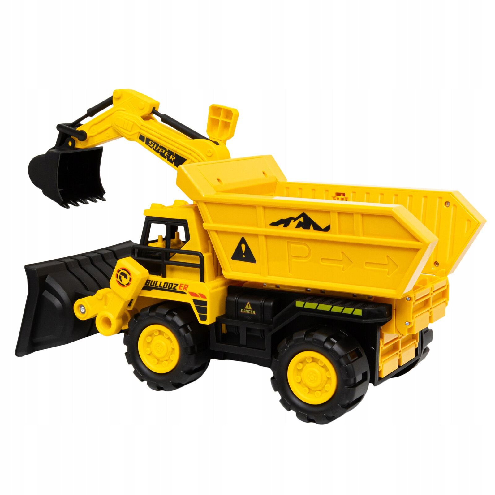 Żółta zabawka koparka z czarnymi elementami, posiada ruchome ramię z łyżką i duże koła. Na boku widoczne są napisy \'BULLDOZER\' oraz symbole ostrzegawcze.
