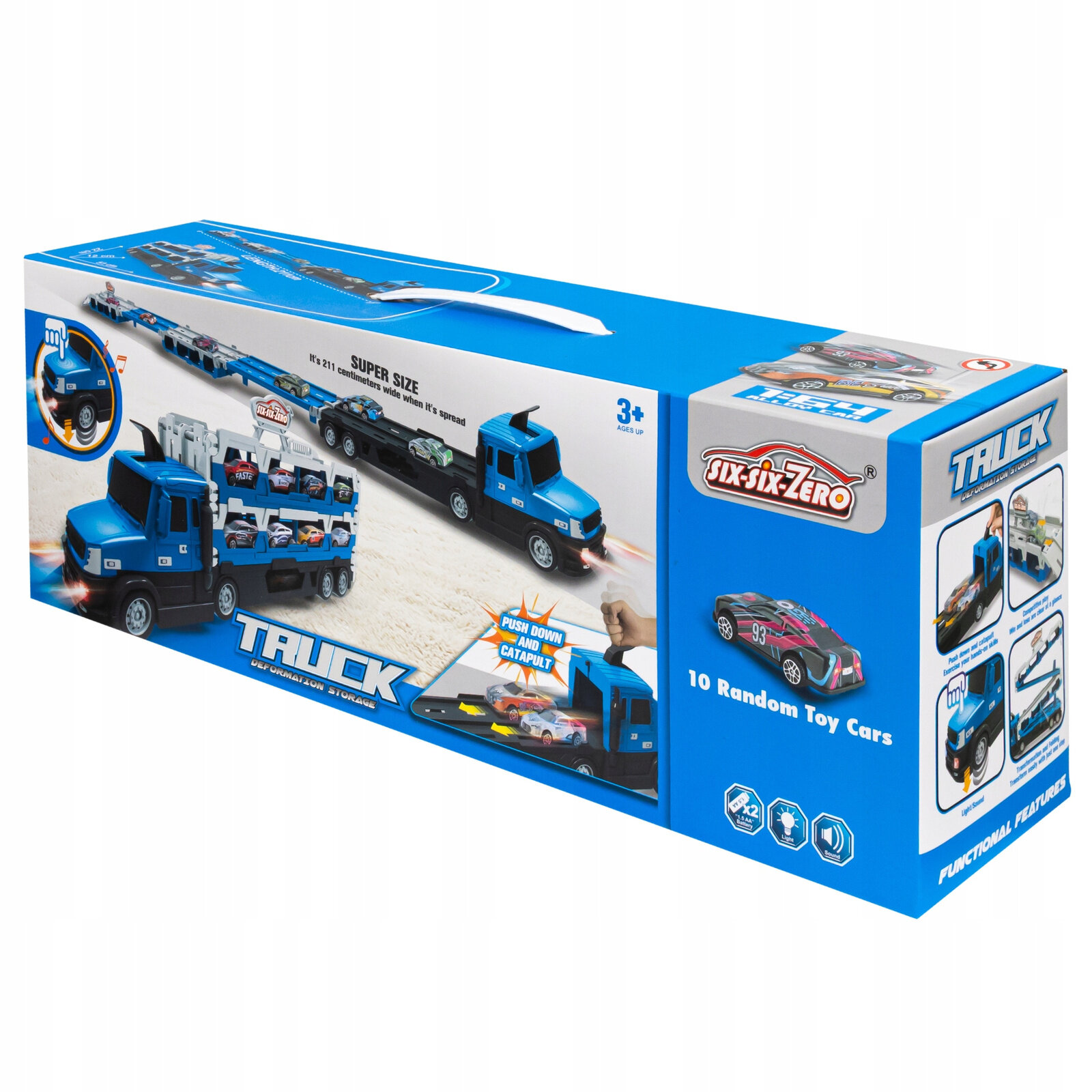 Opakowanie zabawki przedstawia niebieską ciężarówkę z lawetą i resorakami. Na pudełku widnieją napisy: \'SUPER SIZE\', \'PUSH DOWN AND CATAPULT\', \'10 Random Toy Cars\', \'TRUCK\', oraz logo \'SIX-SIX-ZERO\'.