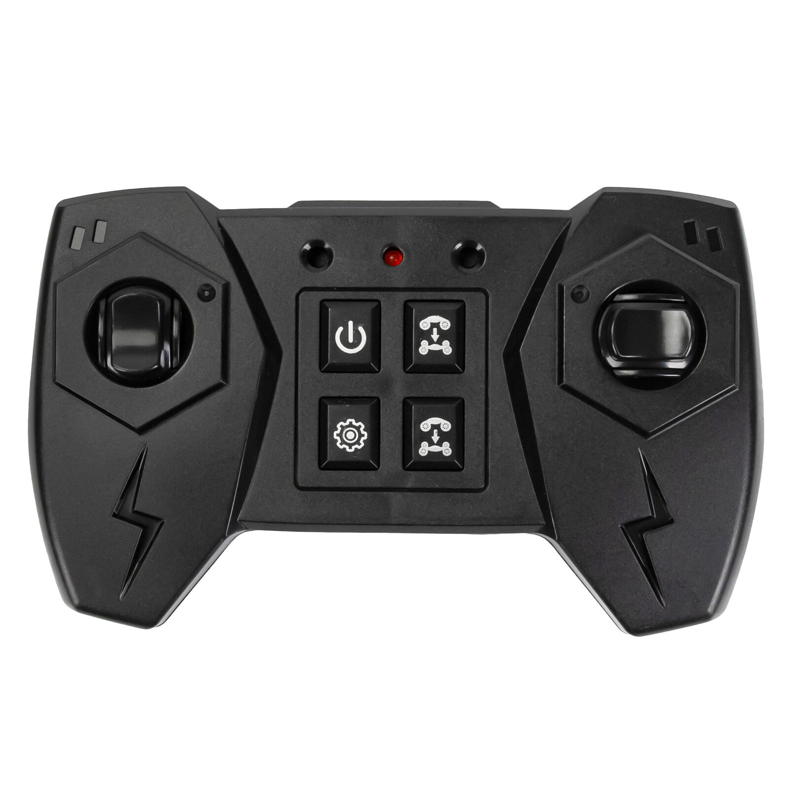 Czarny pilot zdalnego sterowania z dwoma joystickami i czterema przyciskami w centrum, ozdobiony symbolami błyskawic. Na przyciskach widoczne są ikony: włączania, dwóch rodzajów sterowania oraz ustawień.
