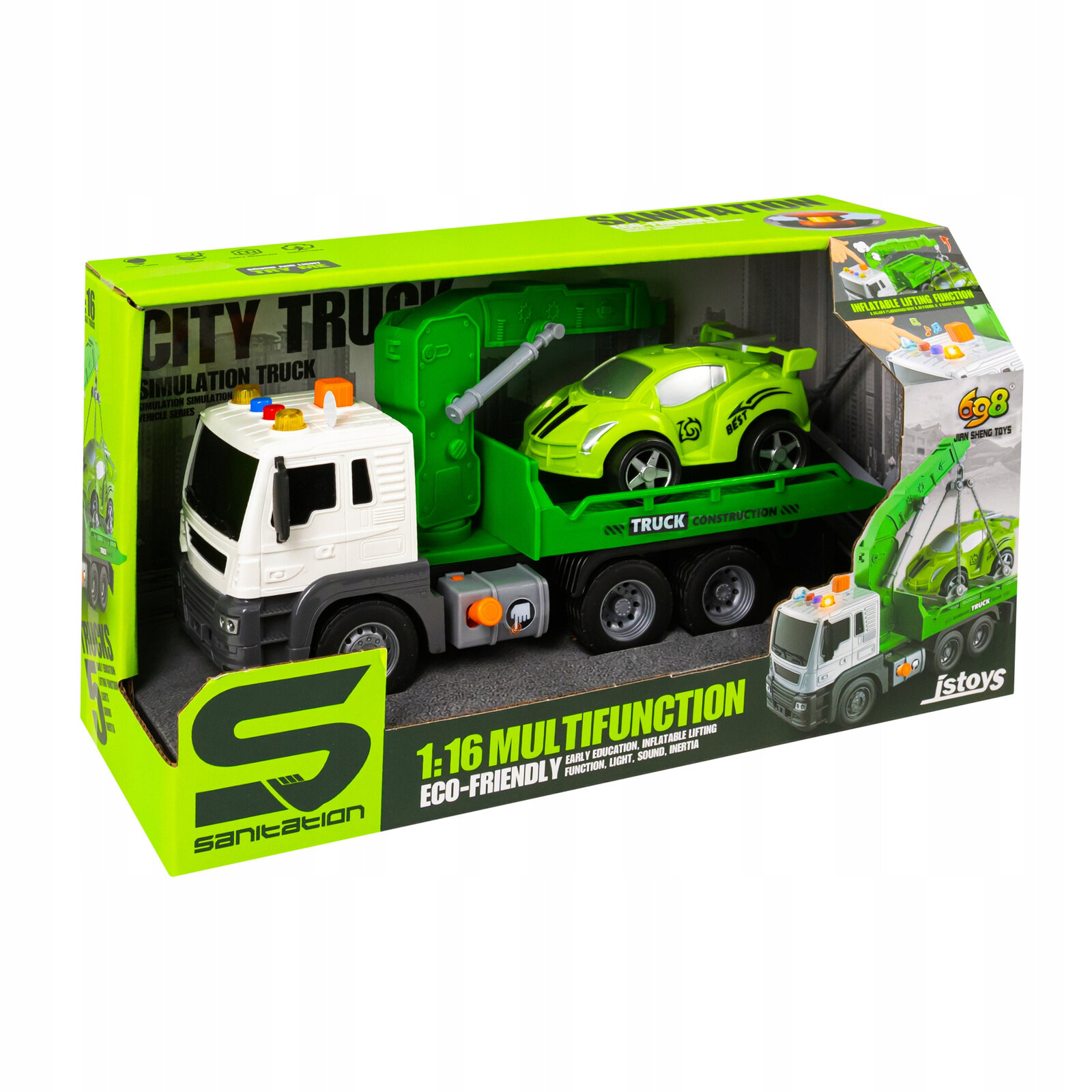 Opakowanie zabawki przedstawia biało-zielony holownik z ruchomą naczepą i zielonym autkiem. Na opakowaniu widnieje tekst: \'CITY TRUCK SIMULATION TRUCK\', \'1:16 MULTIFUNCTION ECO-FRIENDLY\', \'sanitation\'.