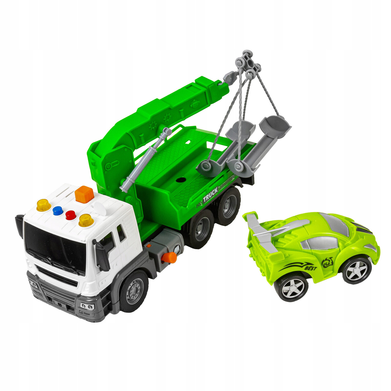 Zabawka przedstawia biało-zielony holownik z ruchomym ramieniem i zielone sportowe autko. Na holowniku widoczne są kolorowe światła i napis \'TRUCK\'.