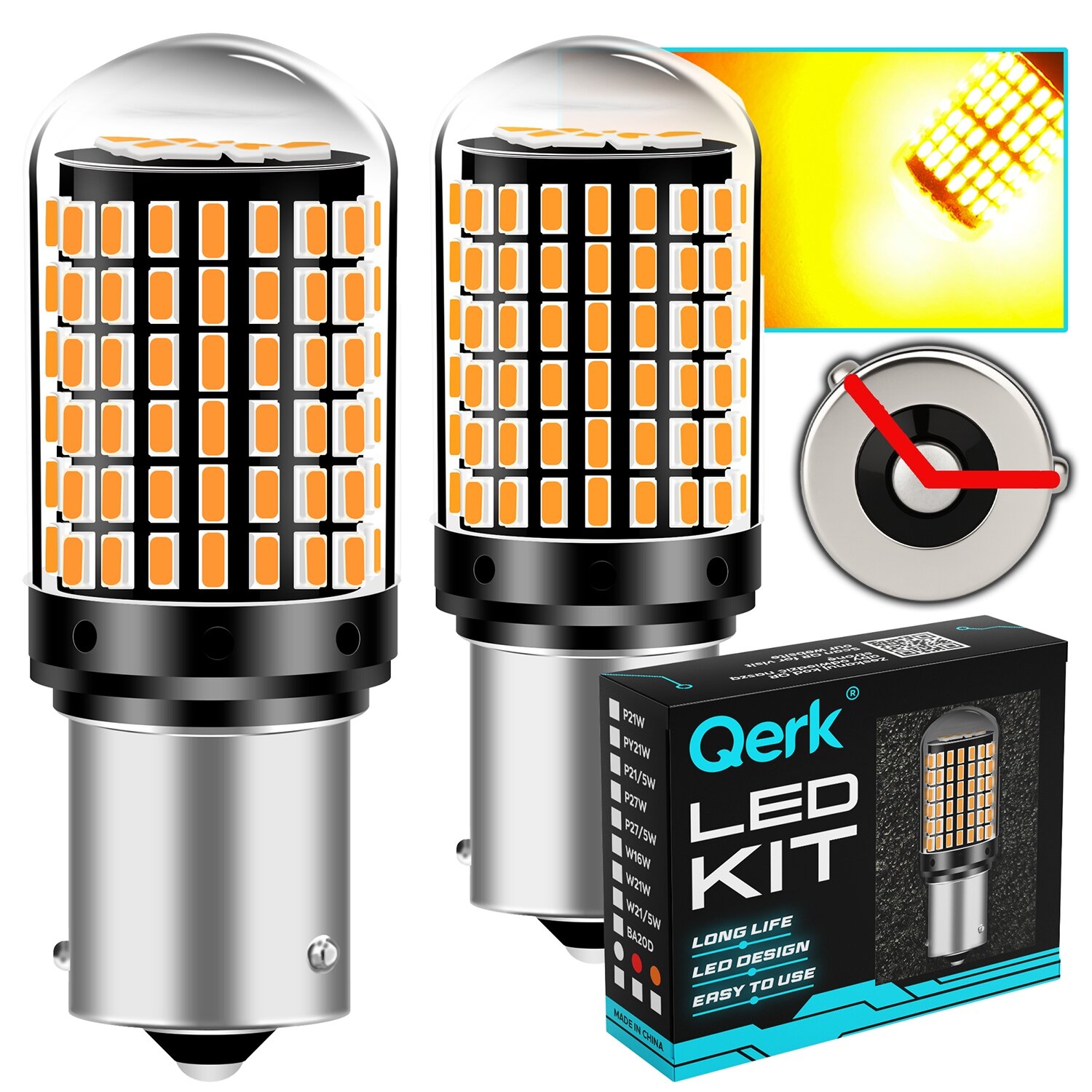 Obraz przedstawia dwie żarówki LED z pomarańczowymi diodami oraz opakowanie z napisem \'Qerk LED KIT\'. Widoczne jest również logo Qerk i schematyczny rysunek żarówki emitującej światło.