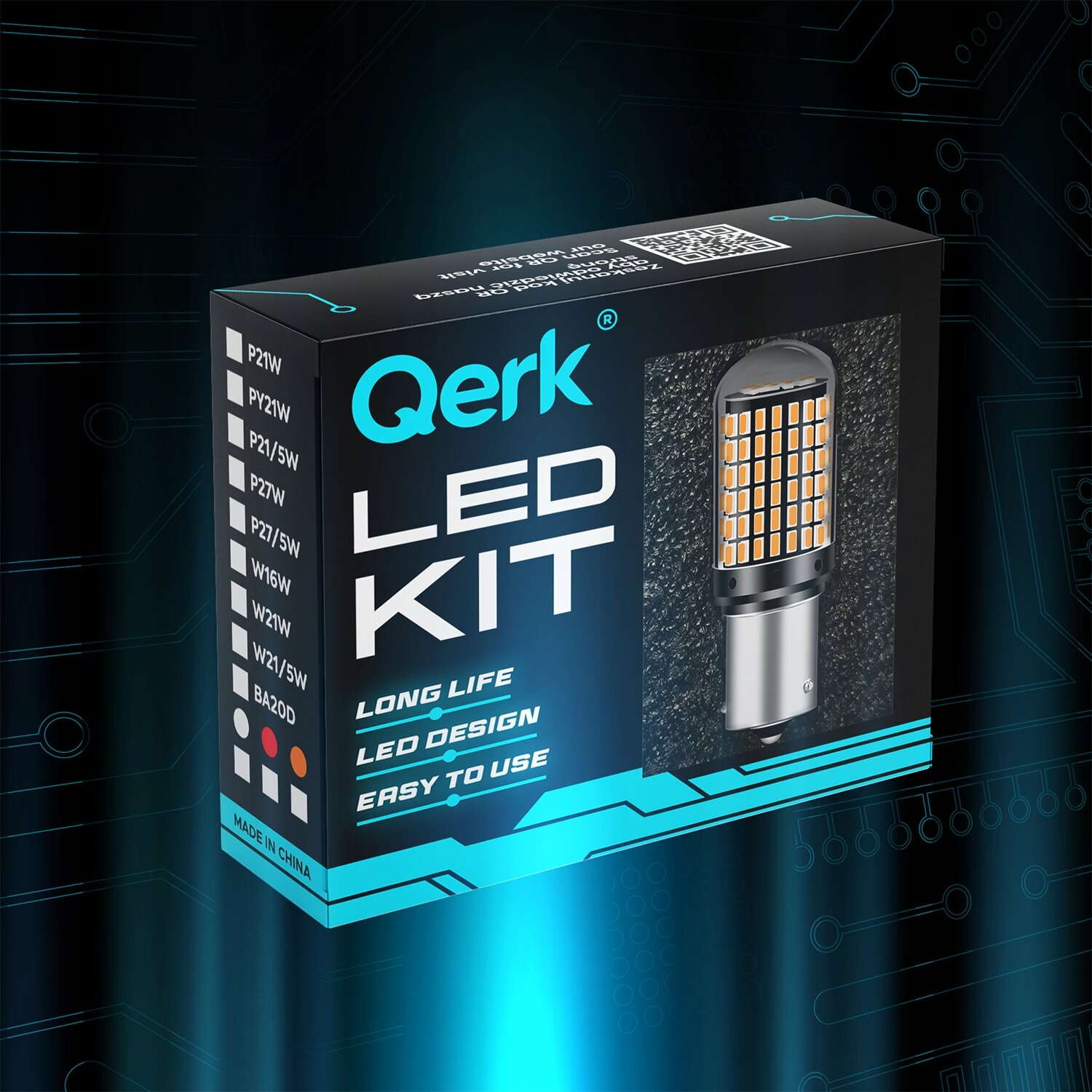 Opakowanie produktu Qerk LED KIT z widoczną żarówką LED i napisami: \'LONG LIFE\', \'LED DESIGN\', \'EASY TO USE\'. Na opakowaniu znajdują się również oznaczenia różnych typów żarówek oraz napis \'MADE IN CHINA\'.