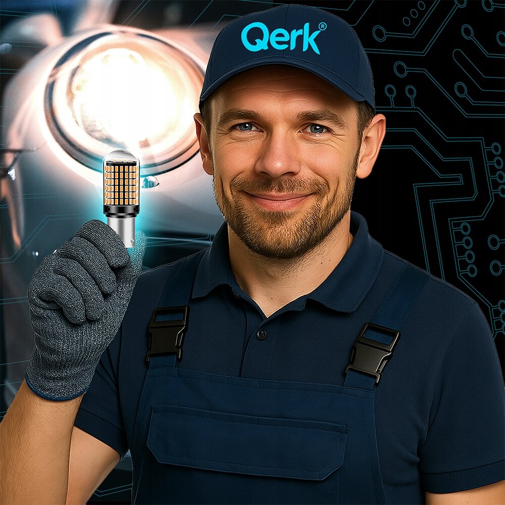 Osoba w granatowej czapce z logo \'Qerk\' trzyma żarówkę LED z widocznymi diodami. W tle rozmyty obraz reflektora samochodowego i schematy elektroniczne.