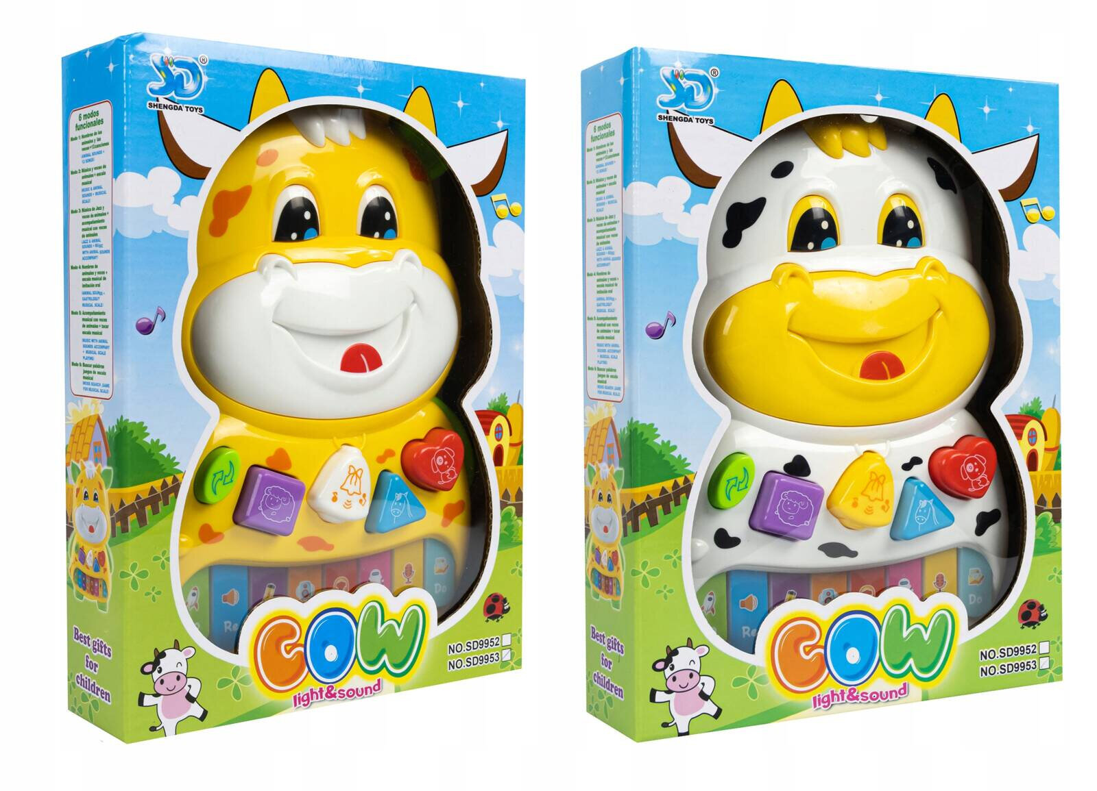 Dwa opakowania z zabawkami w kształcie krówki, z kolorowymi przyciskami w kształcie figur geometrycznych. Na opakowaniach widnieje napis \'COW light & sound\' oraz numery NO.SD9952 i NO.SD9953.