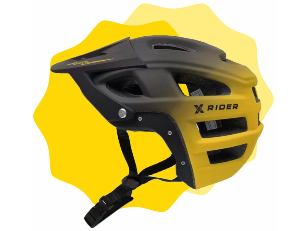 Kask w kolorze czarno-żółtym z widocznym napisem \'X RIDER\'. Posiada otwory wentylacyjne i regulowany pasek pod brodą.
