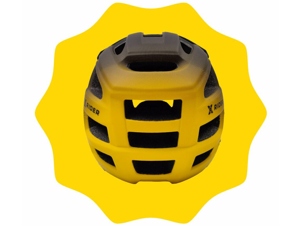 Kask w kolorze czarno-żółtym z widocznymi otworami wentylacyjnymi i napisem \'XRIDER\' na boku. Tło jest żółte i ma nieregularny kształt.