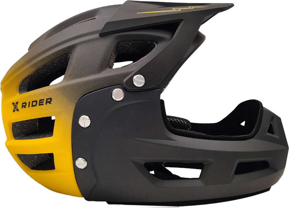 Kask w kolorze czarno-żółtym z odkręcaną szczęką, posiada otwory wentylacyjne i logo \'X RIDER\' na boku.