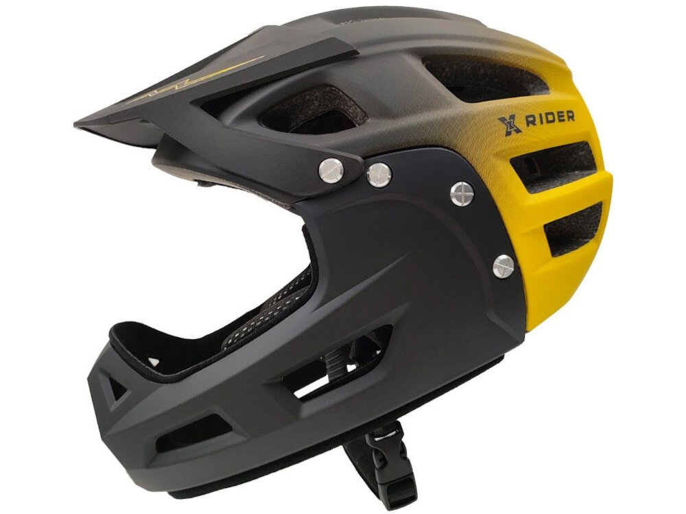 Kask w kolorze czarno-żółtym z odkręcaną szczęką, posiada otwory wentylacyjne i metalowe nity. Na boku widoczne jest logo \'RIDER\'.