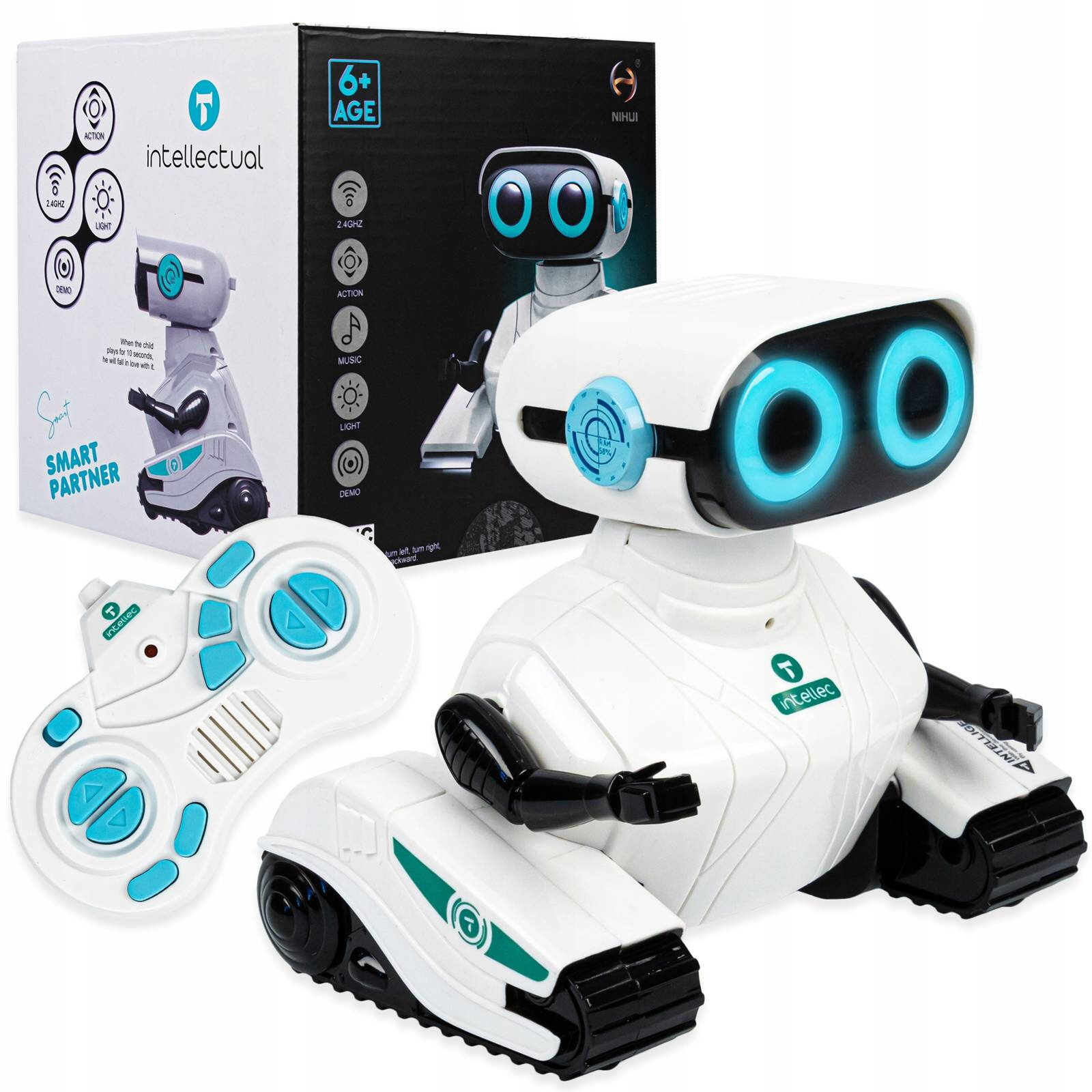 Na obrazie znajduje się biały, zdalnie sterowany robot z niebieskimi akcentami oraz pilot do jego obsługi. W tle widoczne jest opakowanie z napisem \'intellectual\' i \'SMART PARTNER\'.