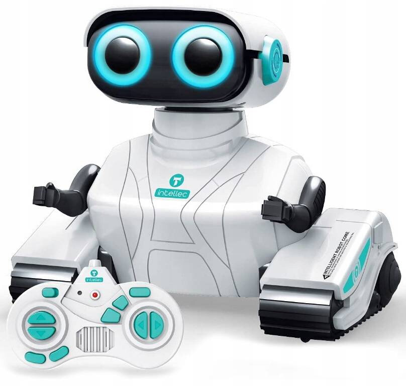 Na obrazie znajduje się biały robot z niebieskimi akcentami i dużymi, świecącymi oczami. Obok robota leży biały pilot z niebieskimi przyciskami, a na robocie widoczne jest logo \'intelec\'.