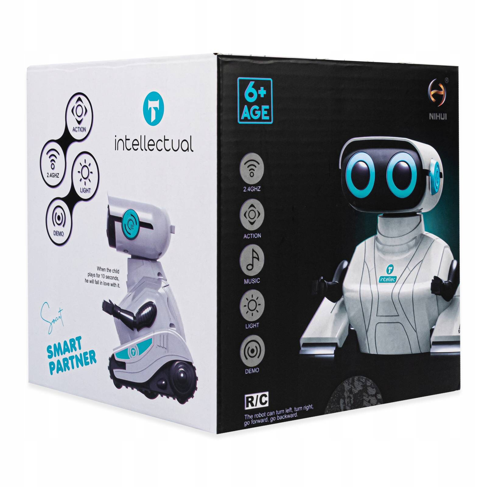 Opakowanie interaktywnego robota zdalnie sterowanego, z grafiką robota i napisami: \'intellectual\', \'6+ AGE\', \'SMART PARTNER\'. Widoczne są ikony funkcji: 2.4GHz, ACTION, MUSIC, LIGHT, DEMO oraz logo producenta \'NIHUI\'.