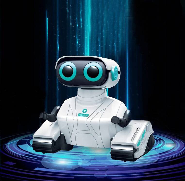 Interaktywny robot zdalnie sterowany o białej obudowie z niebieskimi akcentami, z dużymi okrągłymi oczami. Na korpusie widoczne jest logo \'intellect\'.
