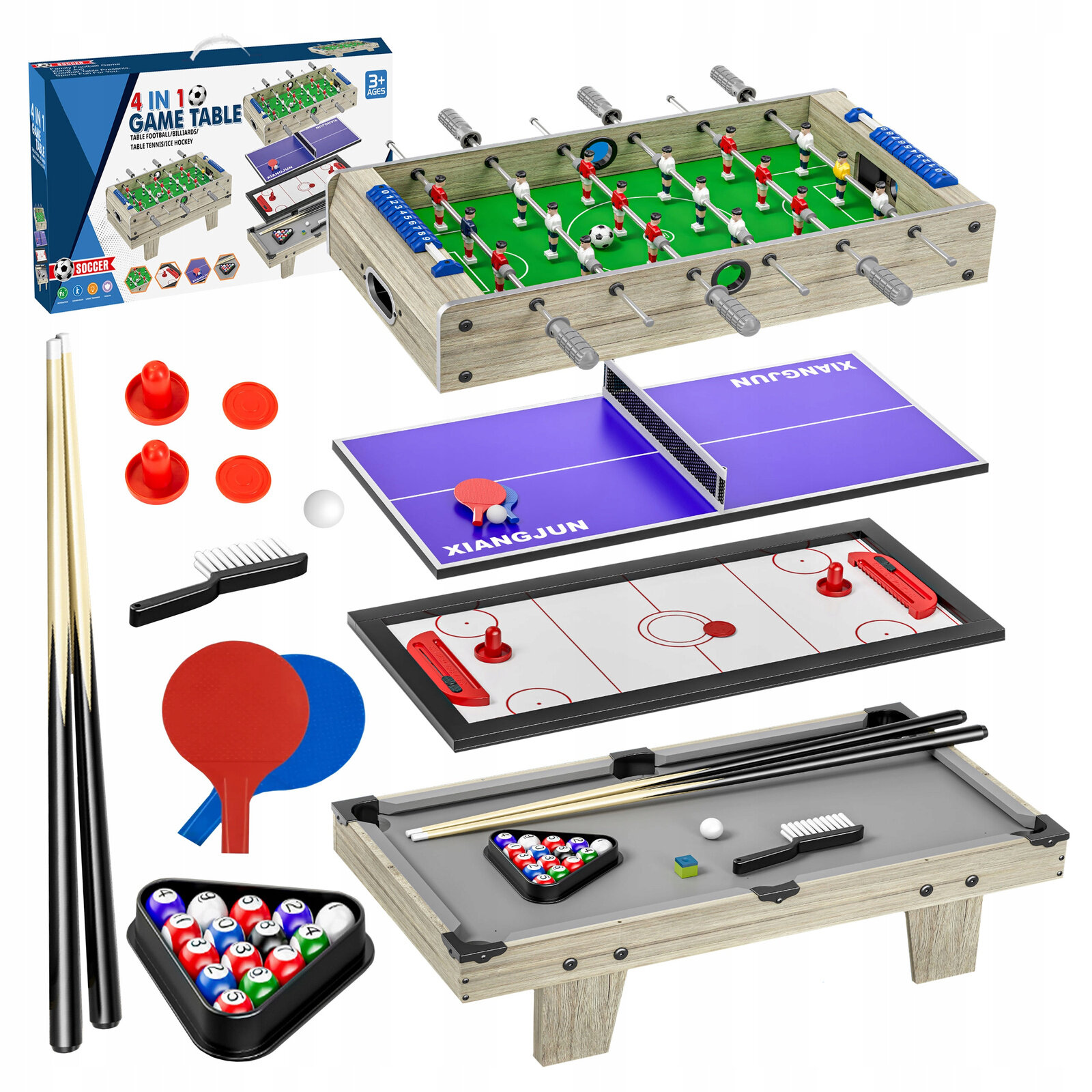 Zestaw do gry 4w1 zawiera elementy do bilarda, hokeja, ping ponga i piłkarzyków. Na opakowaniu widnieje napis \'4 IN 1 GAME TABLE\'.