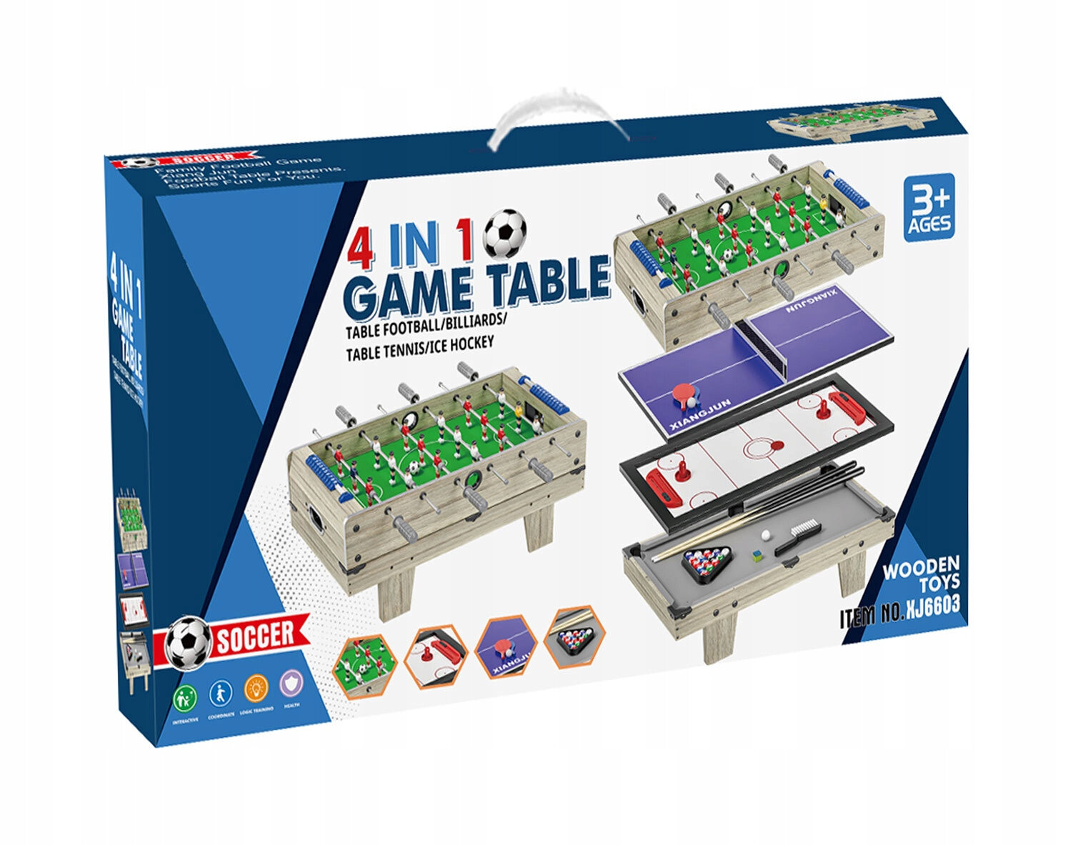 Opakowanie zestawu do gry 4w1 z widocznymi czterema różnymi planszami: piłkarzyki, tenis stołowy, hokej i bilard. Na opakowaniu znajduje się napis \'4 IN 1 GAME TABLE\' oraz oznaczenie \'3+ AGES\'.