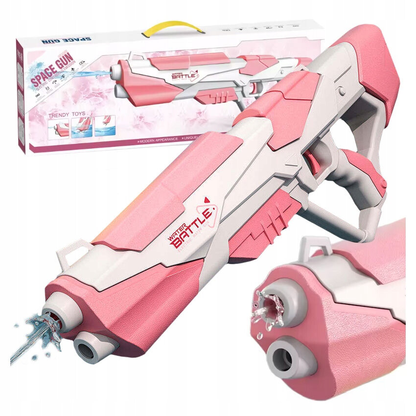Na obrazie widoczny jest różowo-biały pistolet na wodę z napisem \'WATER BATTLE\' oraz opakowanie z grafiką przedstawiającą ten sam produkt i napisem \'SPACE GUN\'.