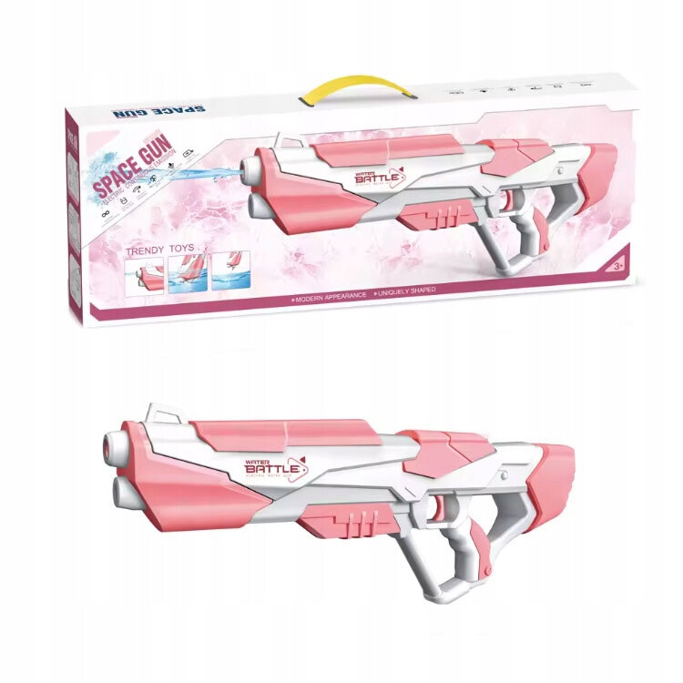 Obraz przedstawia różowo-biały pistolet na wodę z napisem \'WATER BATTLE\' na boku. W tle znajduje się opakowanie z grafiką pistoletu i napisem \'SPACE GUN\'.