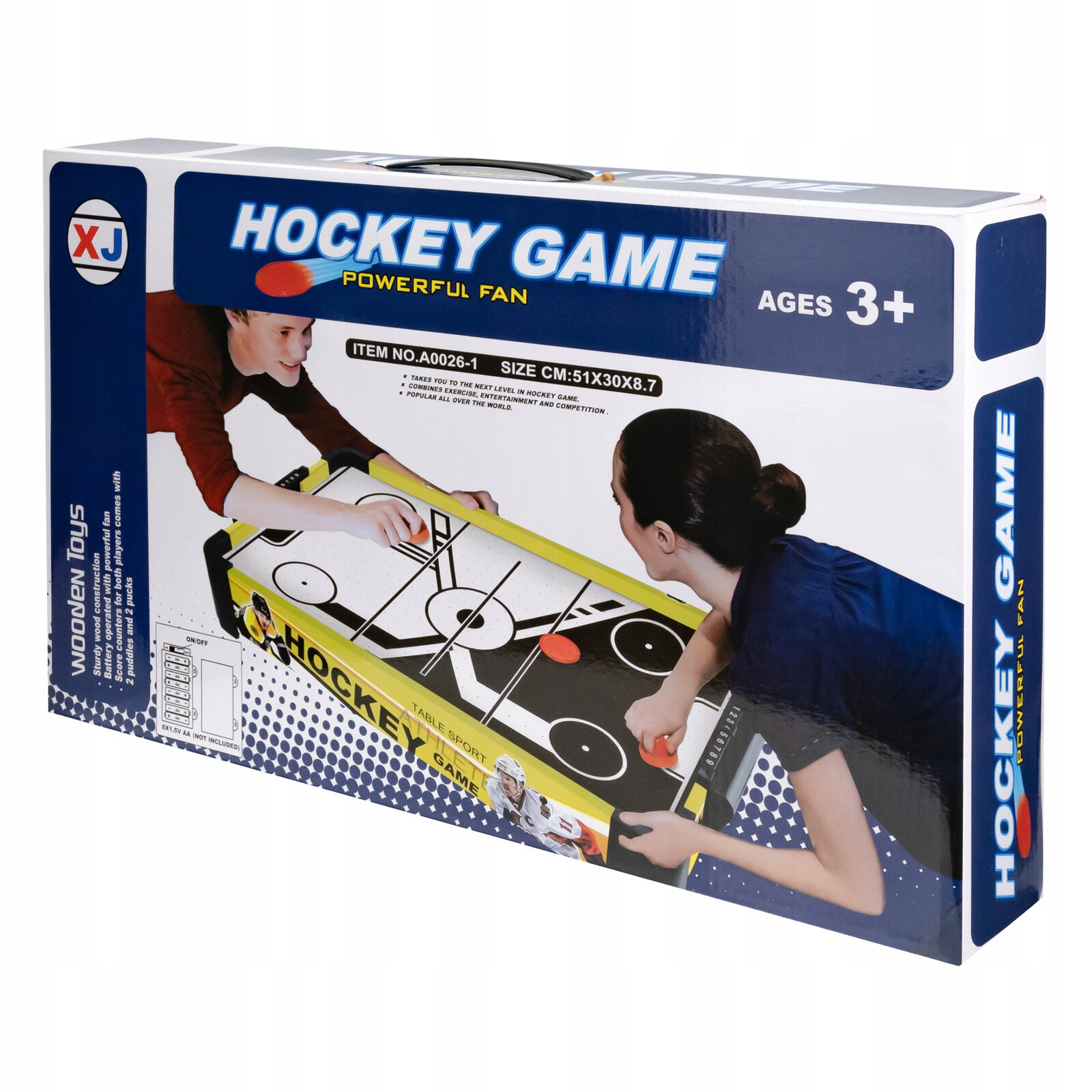 Opakowanie produktu z napisem \'HOCKEY GAME POWERFUL FAN\' oraz oznaczeniem \'AGES 3+\'. Na ilustracji dwoje dzieci gra w cymbergaja na stole z napisem \'HOCKEY\'.