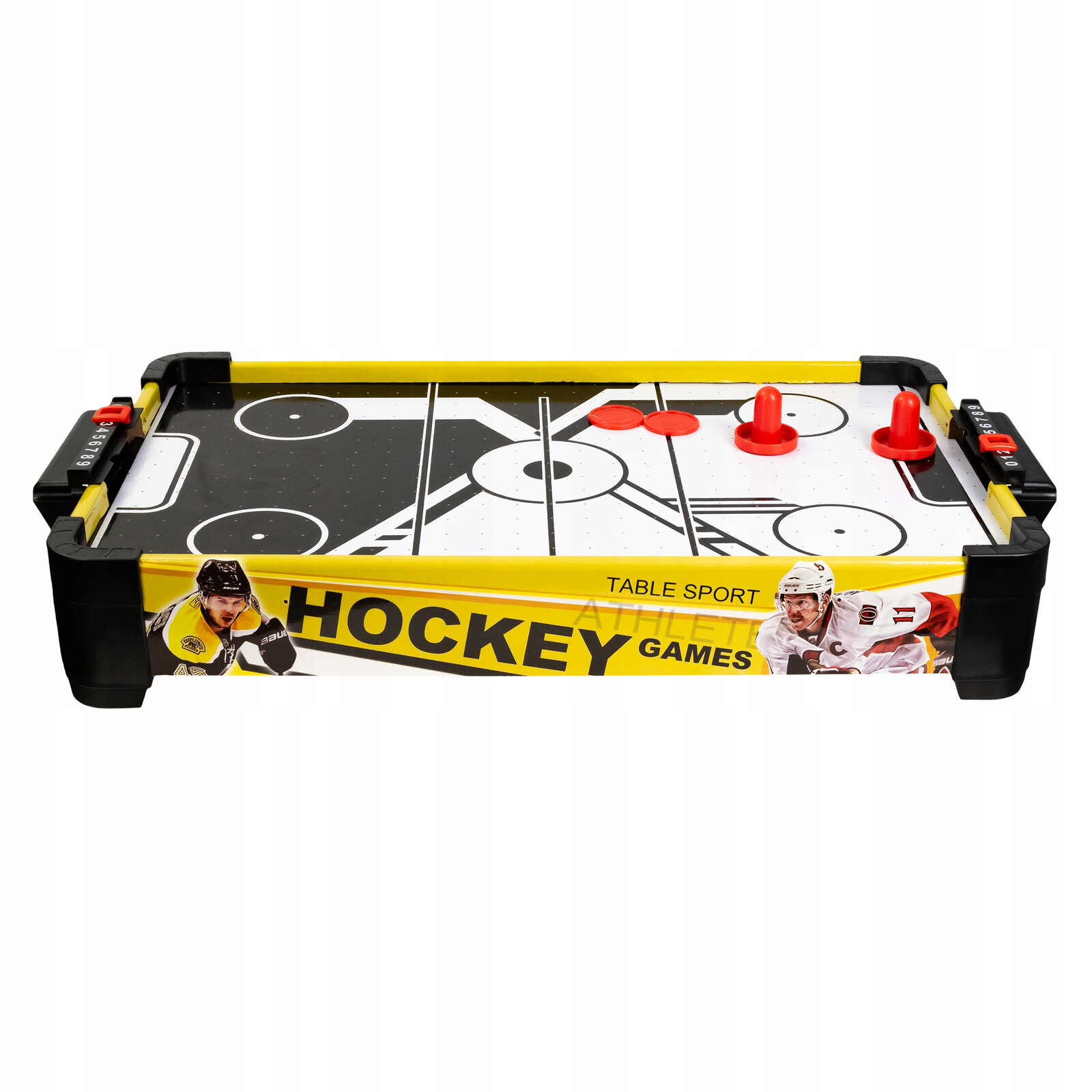 Stół do gry cymbergaj z systemem air flow, z dwoma czerwonymi krążkami i dwoma uchwytami. Na boku widoczny napis \'HOCKEY GAMES\' oraz zdjęcia hokeistów.