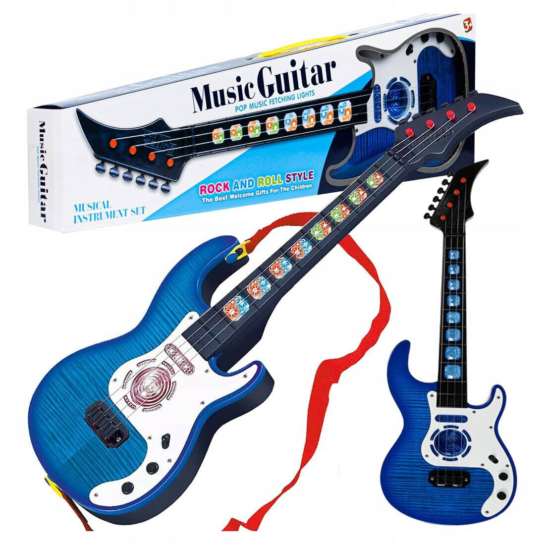 Na obrazie widoczna jest niebieska gitara zabawkowa z czterema strunami i kolorowymi przyciskami na gryfie. Opakowanie zawiera napisy: \'Music Guitar\', \'ROCK AND ROLL STYLE\', \'The Best Welcome Gifts For The Children\'.