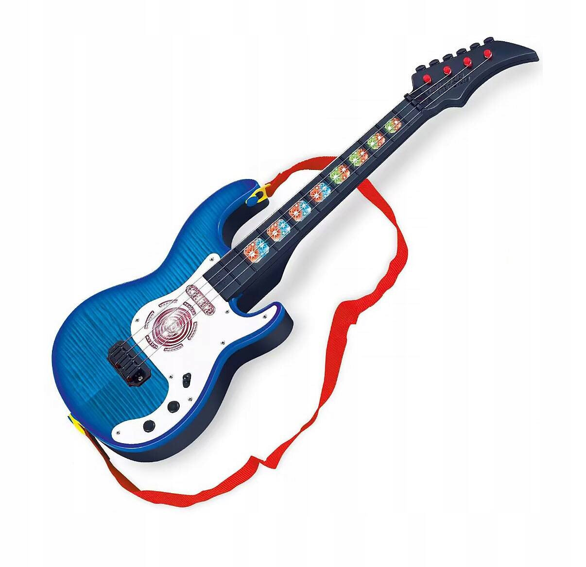 Na obrazie widoczna jest niebieska gitara elektryczna z czterema strunami i czerwonym paskiem. Na gryfie znajdują się kolorowe wzory, a na korpusie białe elementy dekoracyjne.