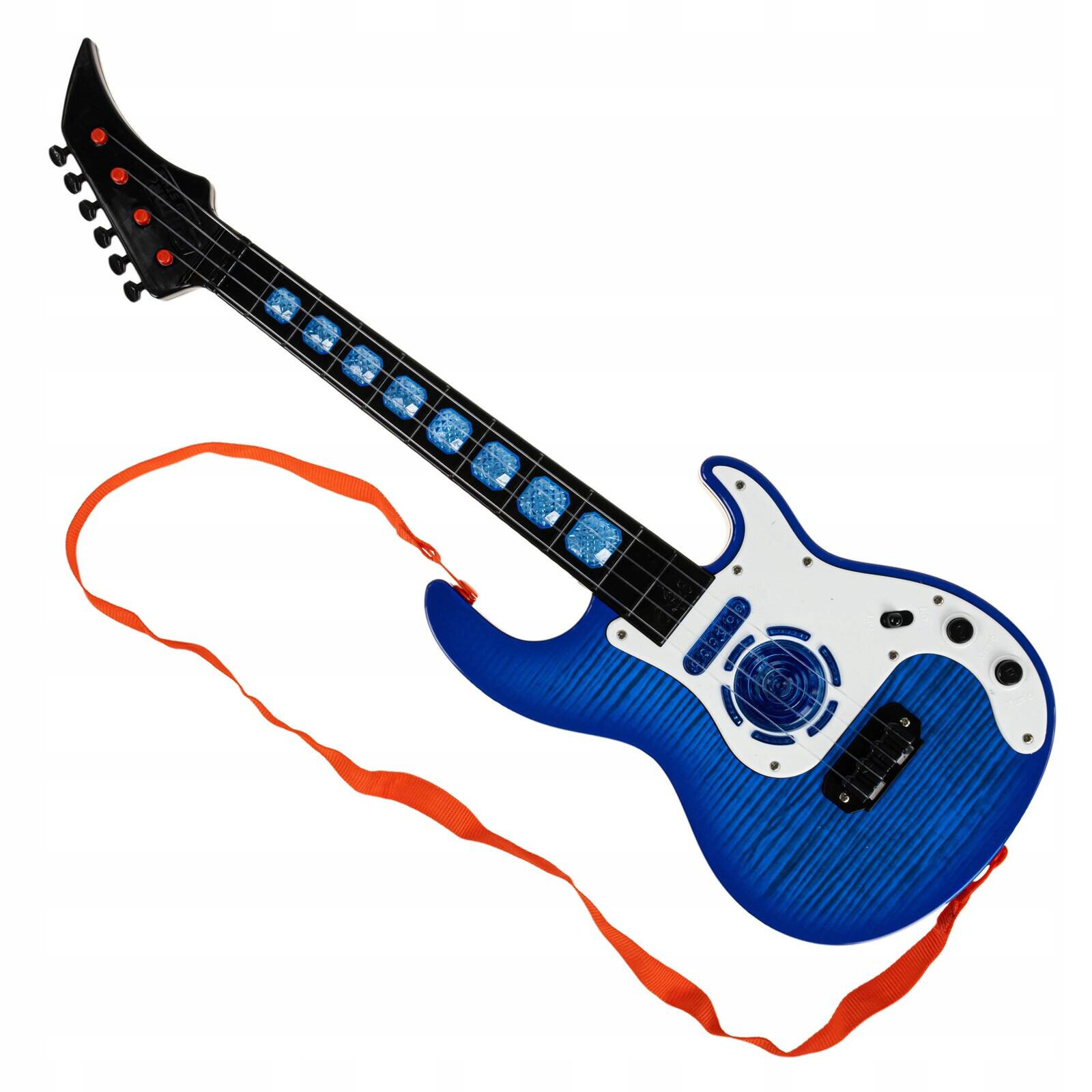 Na obrazie widoczna jest niebieska gitara z czterema strunami i pomarańczowym paskiem. Gitara ma białą płytkę ochronną i ozdobne elementy na gryfie.