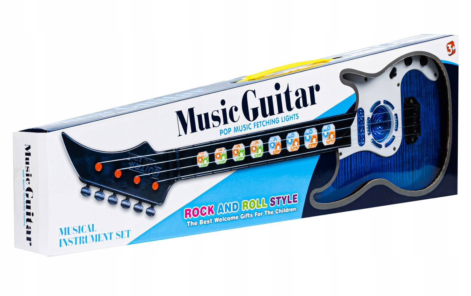 Opakowanie z zabawkową gitarą w kolorze niebieskim z czterema strunami i kolorowymi przyciskami. Na opakowaniu widnieje napis \'Music Guitar POP MUSIC FETCHING LIGHTS\' oraz \'ROCK AND ROLL STYLE The Best Welcome Gifts For The Children\'.