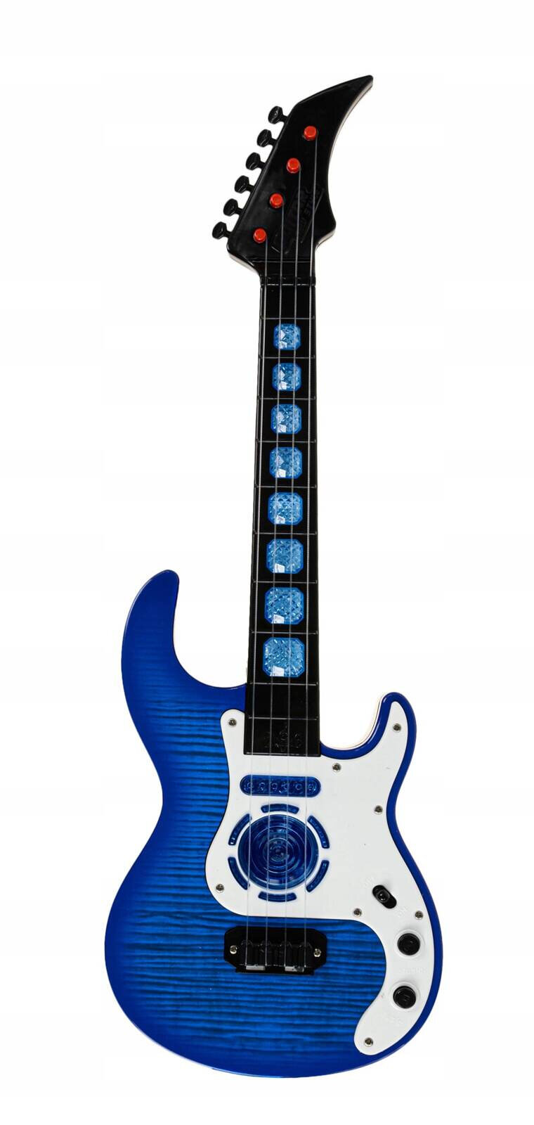 Niebieska gitara elektryczna z czterema strunami i białą płytą ochronną. Na gryfie widoczne są ozdobne elementy w kształcie okręgów.