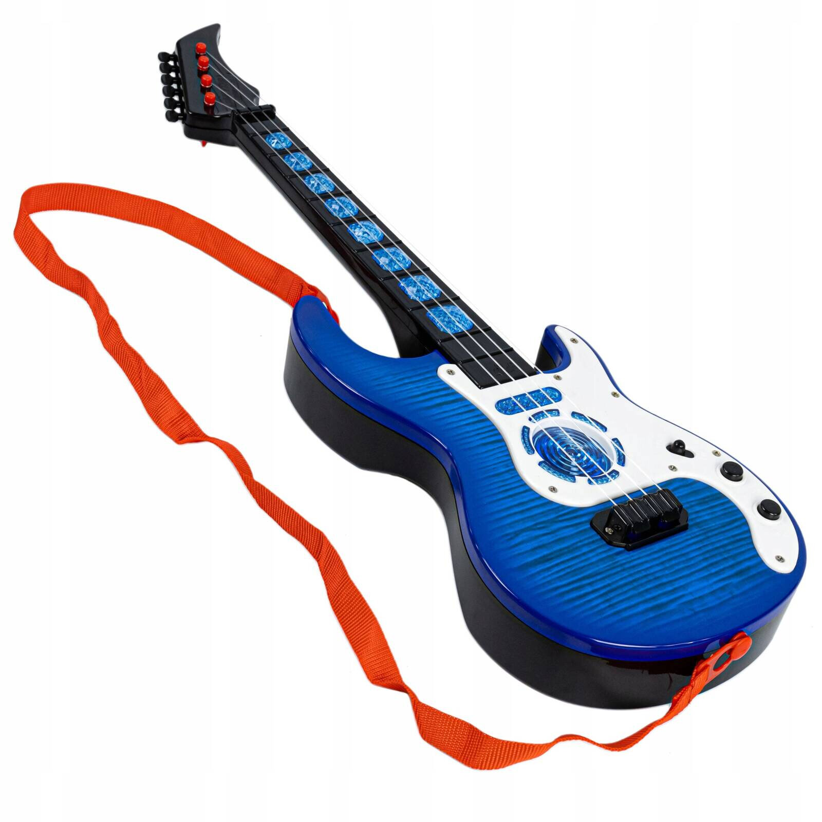 Niebieska gitara z czterema strunami i czerwonym paskiem, posiada białą płytkę ochronną oraz czarne pokrętła. Na gryfie widoczne są niebieskie wzory.