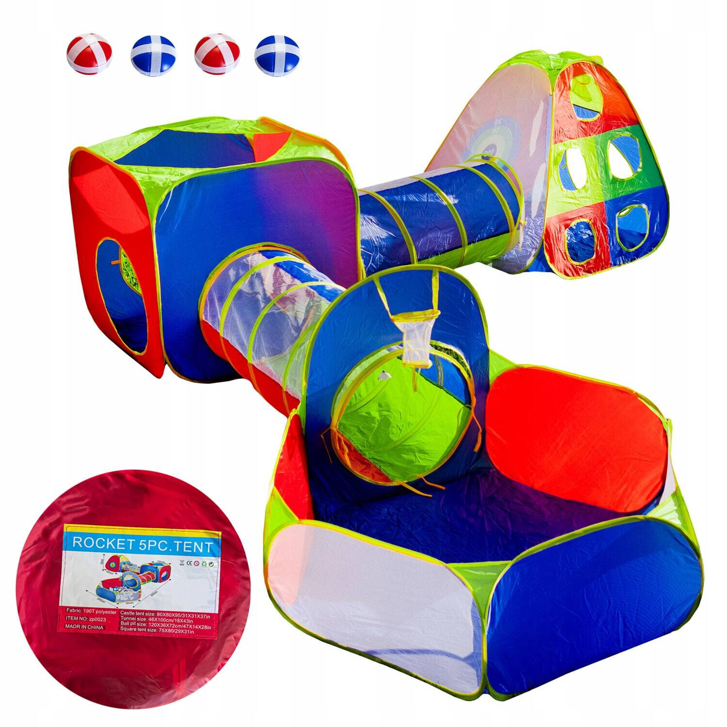 Kolorowy plac zabaw dla dzieci składający się z namiotu, tuneli i suchego basenu. Na opakowaniu widoczny jest napis \'ROCKET 5PC. TENT\'.