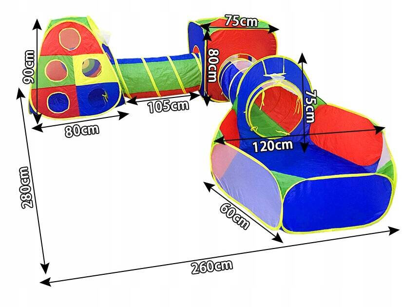 Kolorowy plac zabaw dla dzieci składający się z namiotu, tuneli i suchego basenu, z wymiarami podanymi na obrazku: 280 cm, 260 cm, 90 cm, 80 cm, 105 cm, 75 cm, 80 cm, 120 cm, 60 cm, 75 cm. Elementy mają różne kolory, w tym czerwony, niebieski, zielony i żółty.