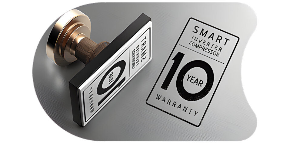 Obraz przedstawia pieczęć z napisem \'SMART INVERTER COMPRESSOR 10 YEAR WARRANTY\' oraz jej odbicie na powierzchni.