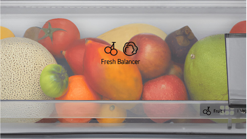 Wnętrze lodówki z widocznymi różnymi owocami, takimi jak melon, pomidor, papryka i cytrusy. Na szufladzie znajduje się napis \'Fresh Balancer\' z ikonami owoców i warzyw.