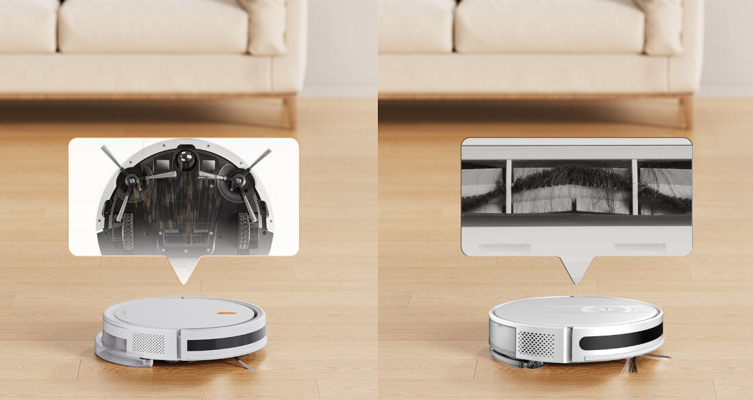 Na drewnianej podłodze znajduje się biały robot sprzątający z widocznymi szczegółami konstrukcji w powiększonych dymkach. W tle widoczna jest jasna sofa.