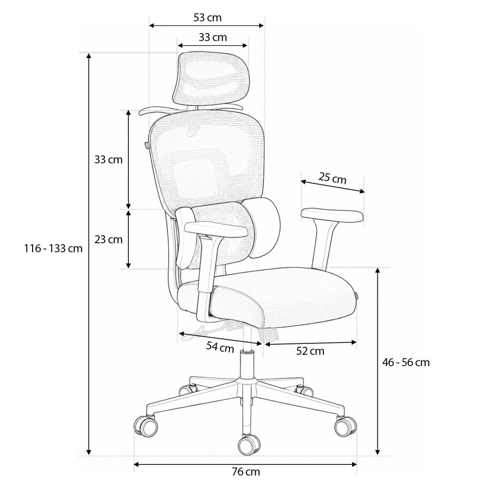Schemat fotela biurowego z mikrosiatki z wymiarami: wysokość 116-133 cm, szerokość siedziska 54 cm, głębokość siedziska 52 cm, wysokość siedziska 46-56 cm, szerokość oparcia 53 cm, wysokość oparcia 33 cm, szerokość podłokietników 25 cm, rozstaw kółek 76 cm.