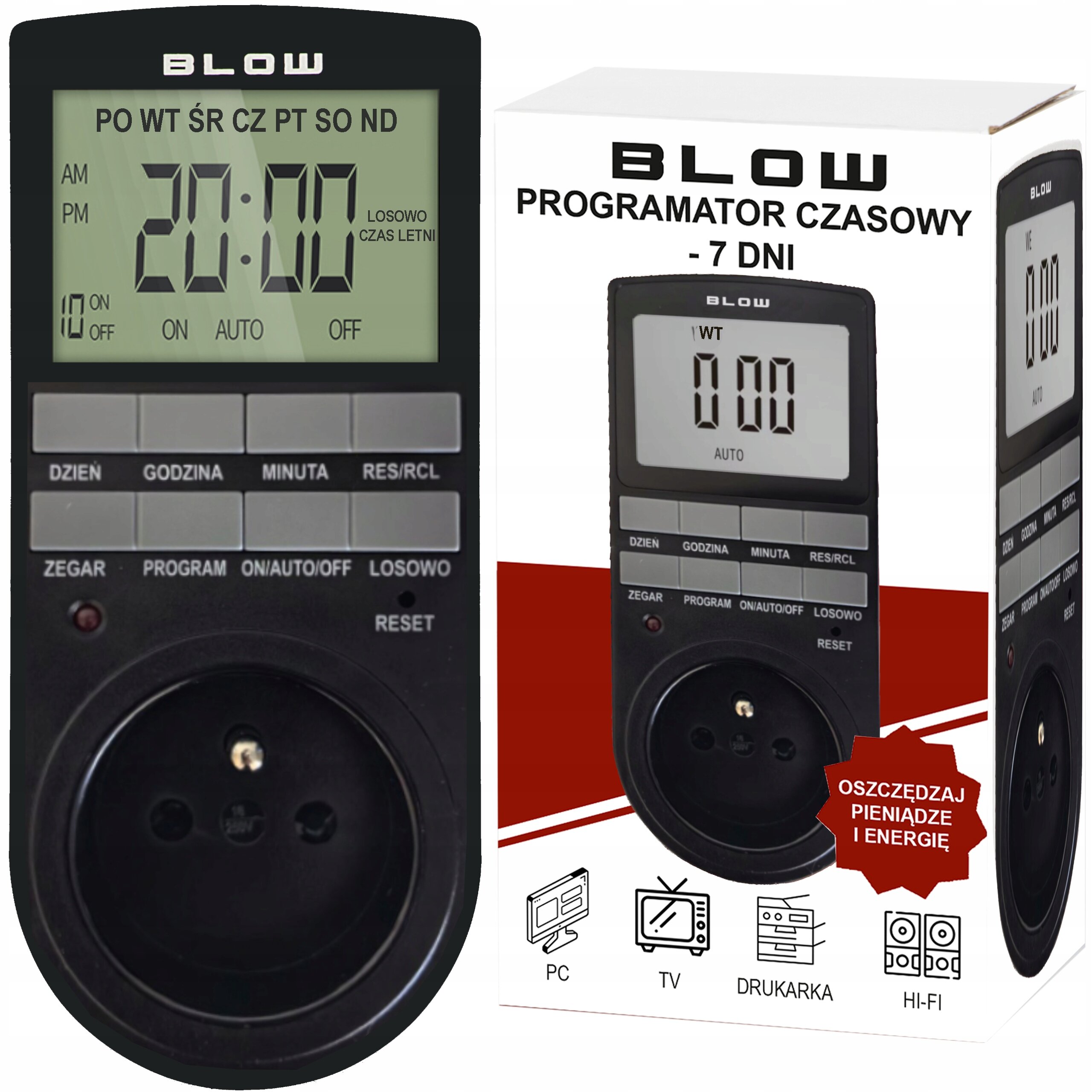 Na obrazie widoczny jest programator czasowy z wyświetlaczem LCD, na którym pokazana jest godzina 20:00 oraz dni tygodnia. Obok znajduje się opakowanie z napisem \'BLOW PROGRAMATOR CZASOWY - 7 DNI\' oraz ikonami PC, TV, DRUKARKA, HI-FI.