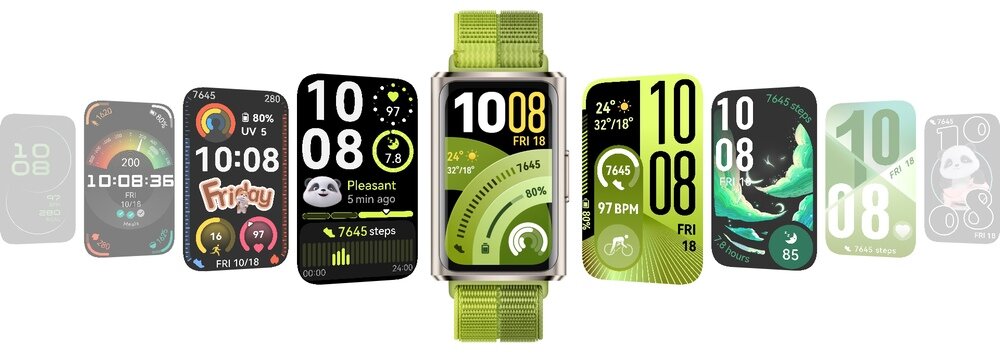 Na obrazie widoczny jest zielony smartband z różnymi ekranami wyświetlającymi informacje takie jak godzina, data, liczba kroków i tętno. Ekrany mają różne motywy graficzne, w tym cyfry, ikony i wykresy.
