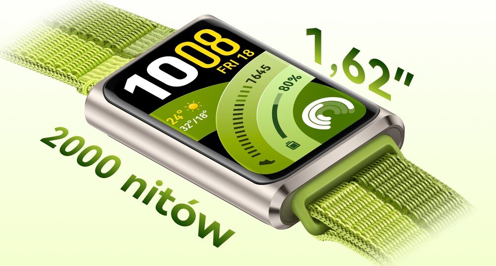 Smartband z zielonym paskiem i wyświetlaczem pokazującym czas 10:08, datę FRI 18 oraz poziom naładowania 80%. Widoczne napisy: \'1,62\