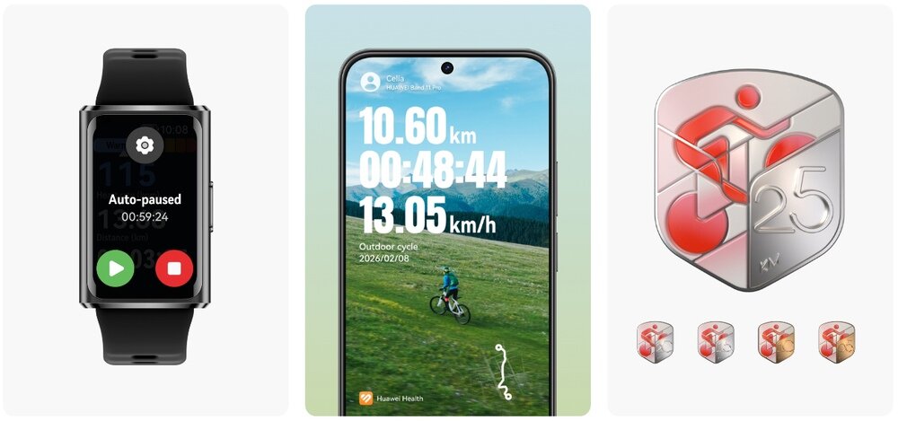 Obraz przedstawia trzy elementy: smartband z wyświetlaczem pokazującym czas i przyciski, ekran telefonu z aplikacją Huawei Health pokazującą dane z jazdy na rowerze oraz logo z cyfrą 25 i symbolem sportowym. Na ekranie telefonu widoczne są dane: 10.60 km, 00:48:44, 13.05 km/h, Outdoor cycle, 2022/07/08.