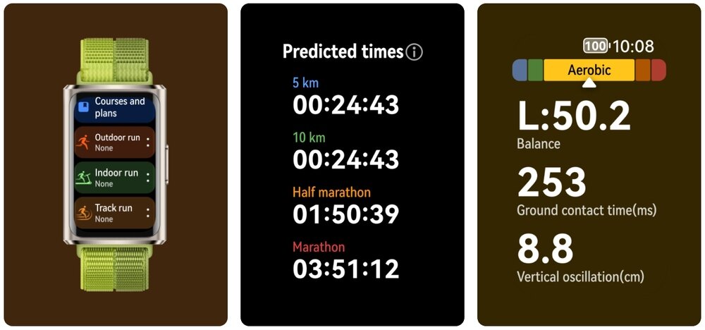 Obraz przedstawia smartband z zielonym paskiem, na ekranie widoczne są opcje treningowe: \'Courses and plans\', \'Outdoor run\', \'Indoor run\', \'Track run\'. Obok znajdują się ekrany z przewidywanymi czasami biegu oraz danymi treningowymi, takimi jak balans i czas kontaktu z podłożem.