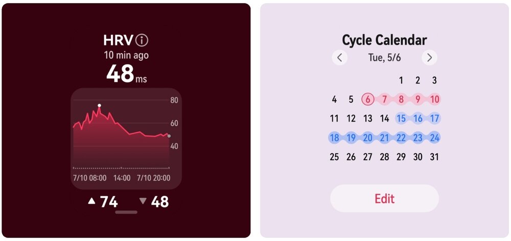 Po lewej stronie widoczny jest wykres HRV z wartością 48 ms i datami 7/10 08:00 do 7/10 20:00. Po prawej stronie znajduje się kalendarz cyklu z zaznaczonymi datami i przyciskiem \'Edit\'.