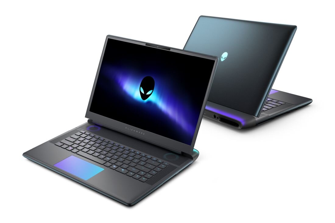 Dwa laptopy z logo przedstawiającym głowę obcego na ekranie, jeden otwarty z widoczną klawiaturą, drugi zamknięty z widocznym tyłem. Oba mają podświetlane elementy w odcieniach niebieskiego i fioletowego.