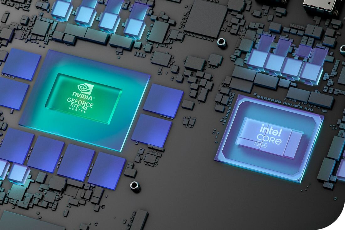 Obraz przedstawia płytę główną z dwoma widocznymi układami scalonymi. Na jednym z nich widnieje napis \'NVIDIA GEFORCE RTX 50 SERIES\', a na drugim \'intel CORE\'.