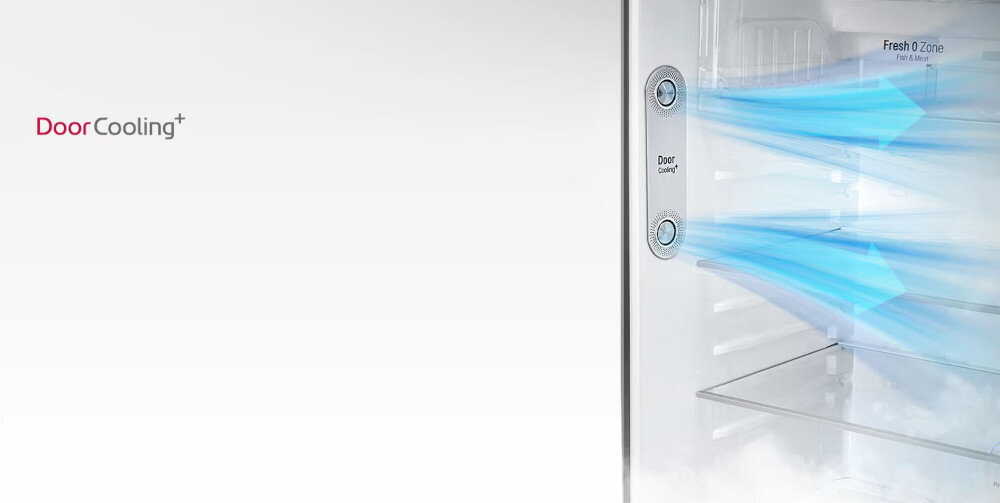 Obraz przedstawia wnętrze lodówki z widocznymi strumieniami powietrza oznaczonymi jako \'Door Cooling+\'. W tle widoczny jest napis \'Fresh 0 Zone\'.